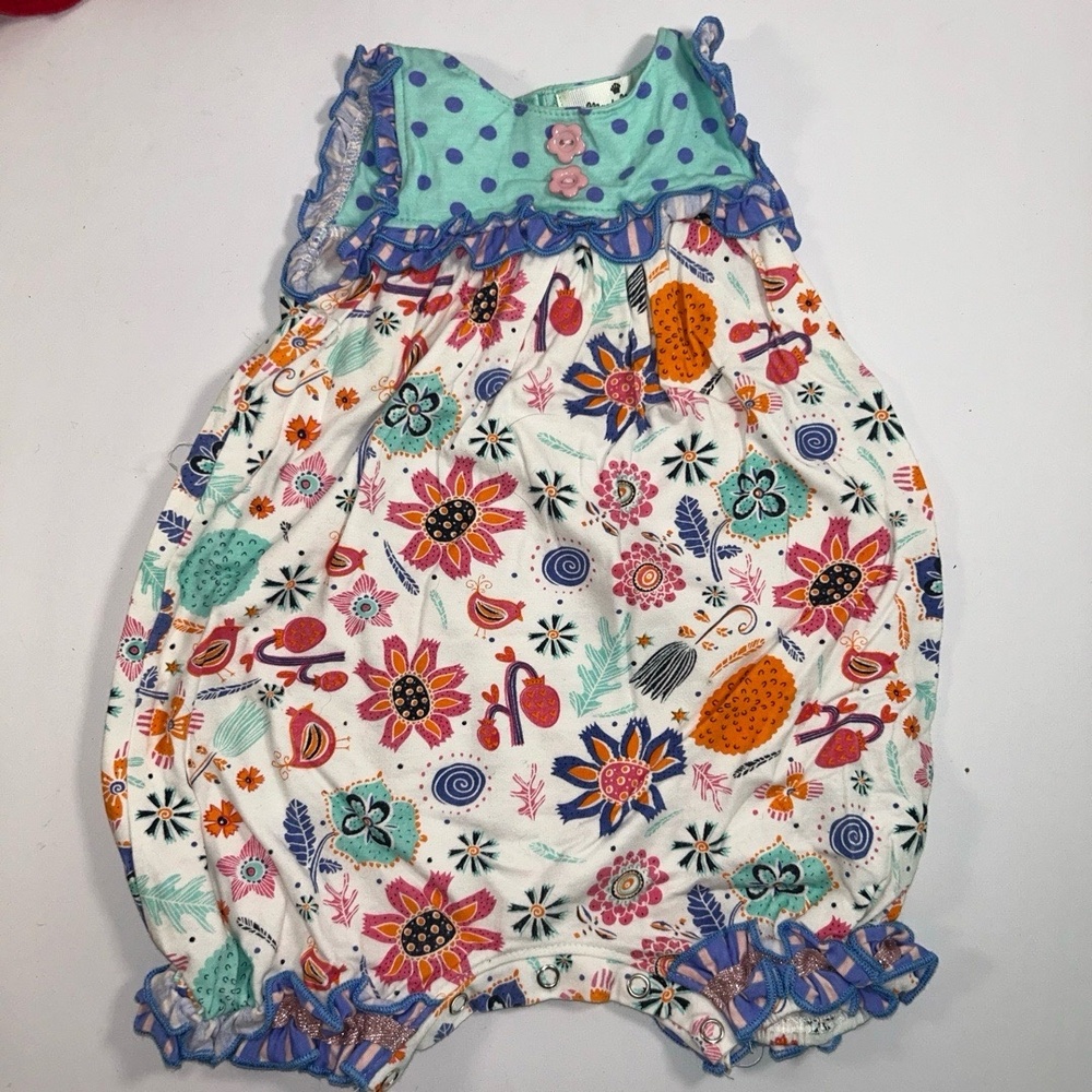 Marie Nicole Romper Girls 12-18M Multicolor Floral Bird Ruffle‎ Snaps
